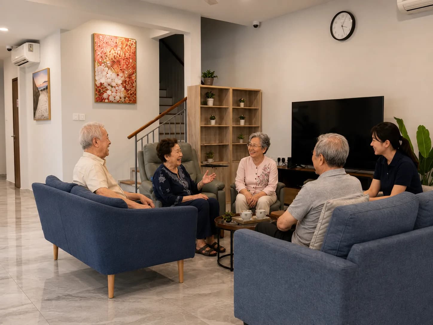 Seniors sharing a warm moment at a Blue Atria residence in Singapore