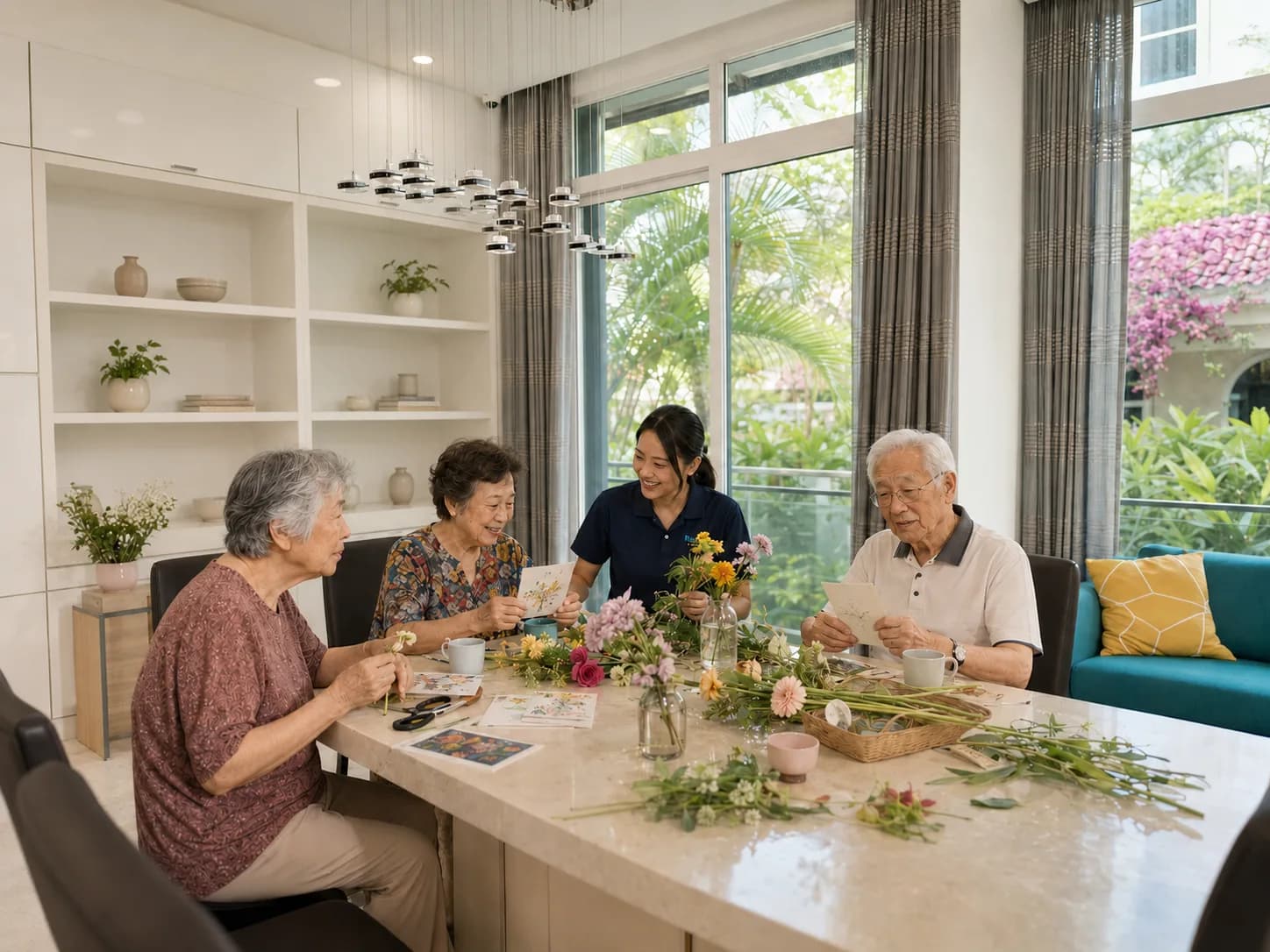Seniors enjoying social activities together at Blue Atria Singapore