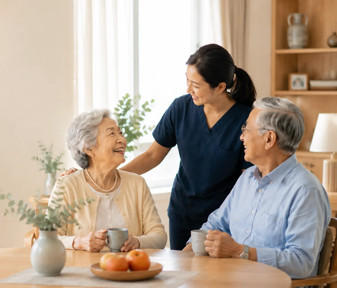 Blue Atria caregiver with a senior resident in the garden