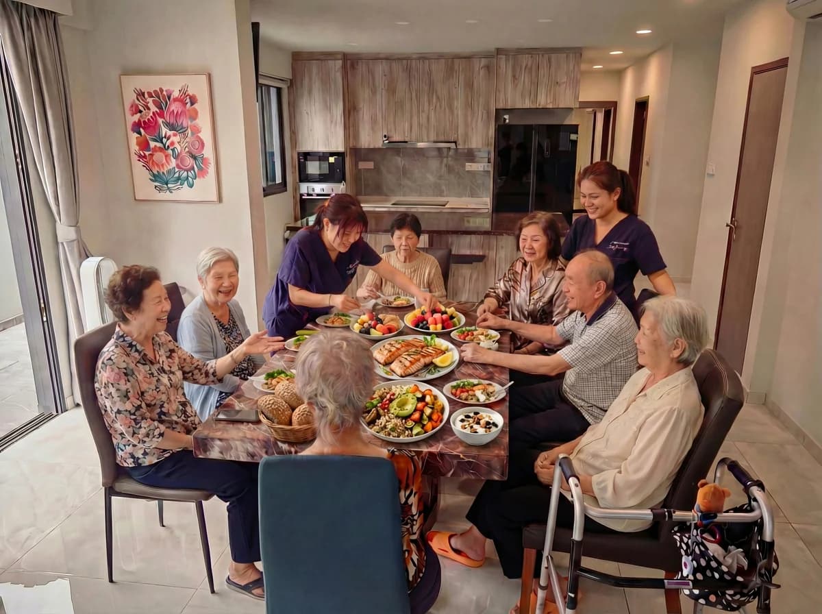 Seniors sharing a communal meal at a Blue Atria retirement living residence